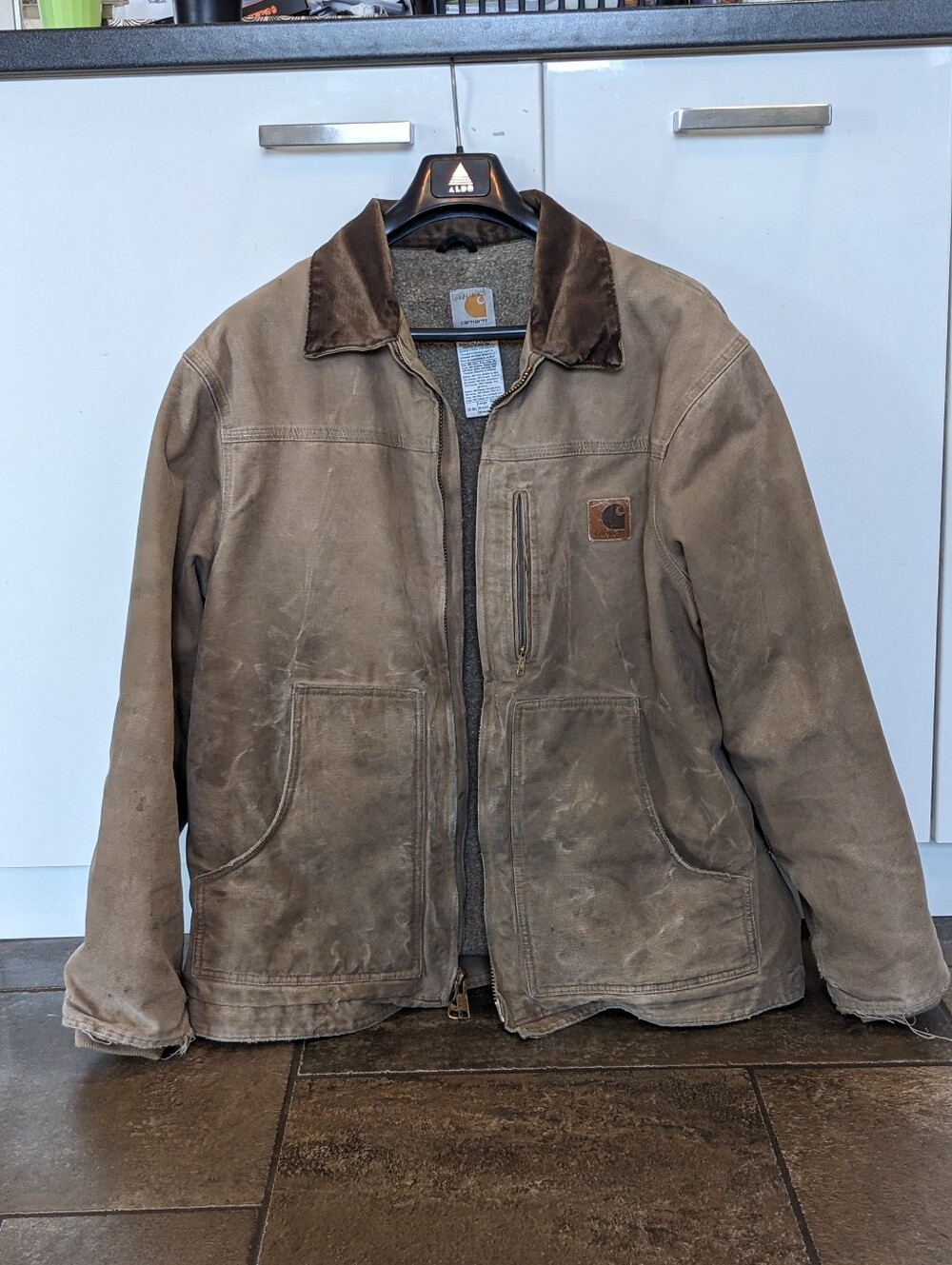 Vintage Carhartt C61 SDL Distressed Chore Jacket Duck Canvas Sherpa Size L Tan